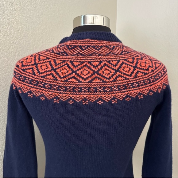J. Crew Fair Isle Nordic Ruffle Sleeve Orange Navy Merino Wool Sweater Size XS - Picture 10 of 12